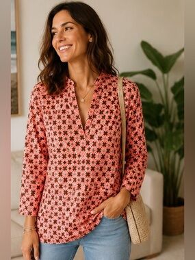 TORY BURCH Printed Cotton Tunic Blouse 100% Cotton